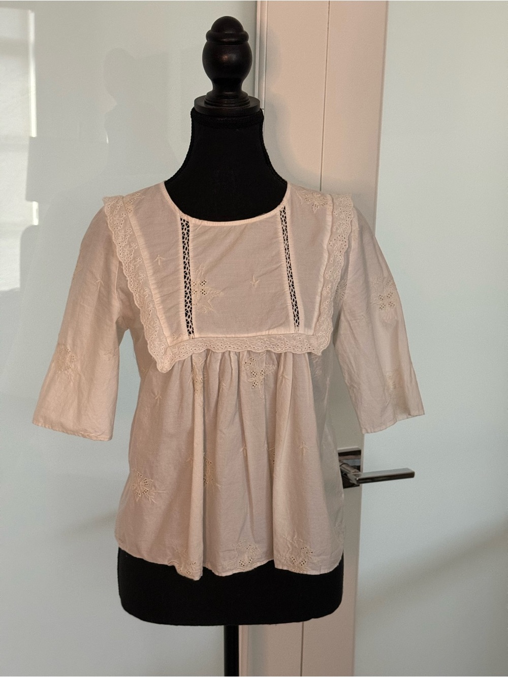 Zara Cream Embroidered Peasant Top with Lace Yoke